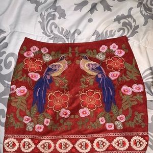 Red Suede Tropical Pom Pom Skirt